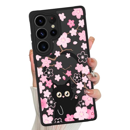 Magnetische Schutzhülle für Samsung Galaxy S25 Ultra für Frauen und Mädchen [Kompatibel mit Magsafe] Niedliche schwarze Katze, Kirschblüten Blumen, Handyhülle, durchscheinend, matt, stoßfeste von Jefonha