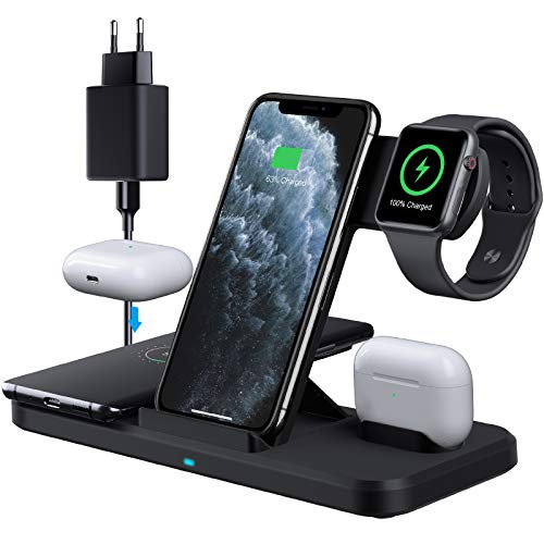 Jekeco Wireless Charger,4 in 1 Qi Induktive ladestation,15W Kabelloses Ladegerät für Apple Watch SE/6/5, Airpods Pro, iPhone 14/13/12/11/SE/XR/Xs, Samsung Galaxy Buds/S21/S20 Mit 18W QC 3.0 Adapter von Jekeco