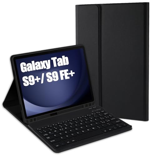 Jeloyutek für Samsung Galaxy Tab S9 FE+ 12.4” 2023 Tastatur Hülle, QWERTZ Layout Magnetisch Abnehmbarer Tastatur mit Hülle für Galaxy Tab S9+/S9 FE+ 12.4 Zoll SM-X610/X610B/X810/X816B/X818U, Schwarz von Jeloyutek