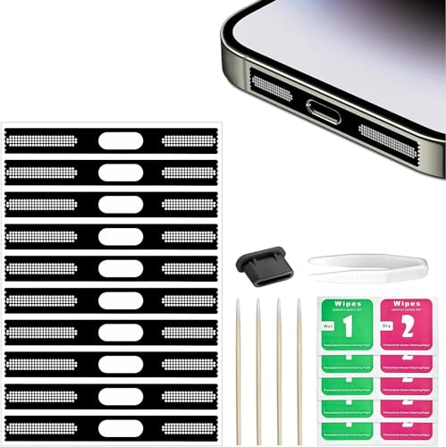 Jemey 21 Stück Staubdichter Netz-Aufkleber Kit Kompatibel mit iPhone 15 Pro Max, Upgrades Handy Lautsprecher Metall Mesh Staubdicht Schützt Aufkleber mit USB C Staubstecker und Pinzette von Jemey