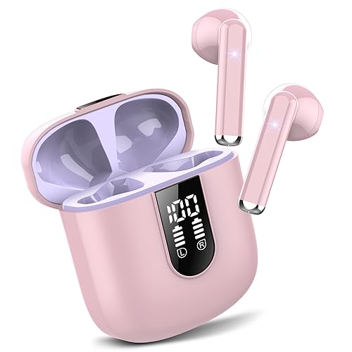Bluetooth Kopfhörer In Ear, Kopfhörer Kabellos Bluetooth 5.3, Ultraleicht Ohrhörer mit HD Mikrofon, Herausragender Sound Musik Streaming bis zu 30 Stunden, LED-Anzeige, IP7 Wasserdicht, Pfirsichrosa Bluetooth Kopfhörer In Ear, Kopfhörer Kabellos Bluetooth 5.3, Ultraleicht Ohrhörer mit HD Mikrofon, Herausragender Sound Musik Streaming bis zu 30 Stunden, LED-Anzeige, IP7 Wasserdicht, Pfirsichrosa von Jesebang