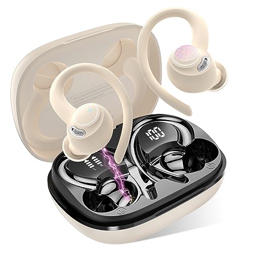 Bluetooth Kopfhörer Sport, in Ear Kopfhörer Kabellos Bluetooth 5.3 mit HD Mic, Herausragender Sound, 40 Std Spielzeit, Comfort Fit, Dual LED-Anzeige, IP7 Wasserdicht Ohrhörer mit Ohrhaken, Beige von Jesebang