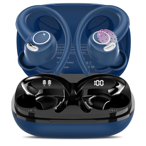 Bluetooth Kopfhörer Sport, in Ear Kopfhörer Kabellos Bluetooth 5.3 mit HD Mic, Herausragender Sound, 40 Std Spielzeit, Comfort Fit, Dual LED-Anzeige, IP7 Wasserdicht Ohrhörer mit Ohrhaken, Blau von Jesebang