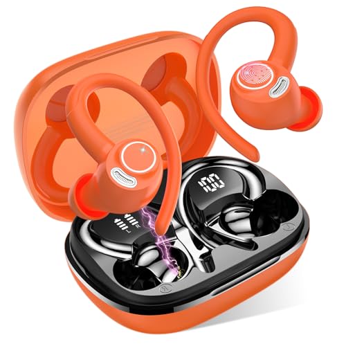 Bluetooth Kopfhörer Sport, in Ear Kopfhörer Kabellos Bluetooth 5.3 mit HD Mic, Herausragender Sound, 40 Std Spielzeit, Comfort Fit, Dual LED-Anzeige, IP7 Wasserdicht Ohrhörer mit Ohrhaken, Orange von Jesebang