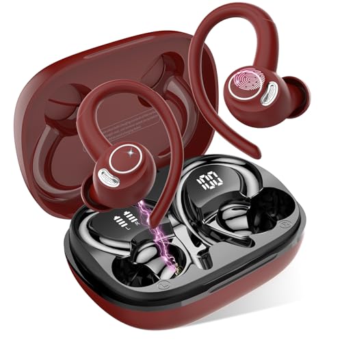 Bluetooth Kopfhörer Sport, in Ear Kopfhörer Kabellos Bluetooth 5.3 mit HD Mic, Herausragender Sound, 40 Std Spielzeit, Comfort Fit, Dual LED-Anzeige, IP7 Wasserdicht Ohrhörer mit Ohrhaken, Rot von Jesebang