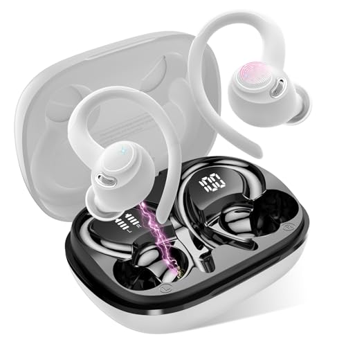 Bluetooth Kopfhörer Sport, in Ear Kopfhörer Kabellos Bluetooth 5.3 mit HD Mic, Herausragender Sound, 40 Std Spielzeit, Comfort Fit, Dual LED-Anzeige, IP7 Wasserdicht Ohrhörer mit Ohrhaken, Weiß von Jesebang