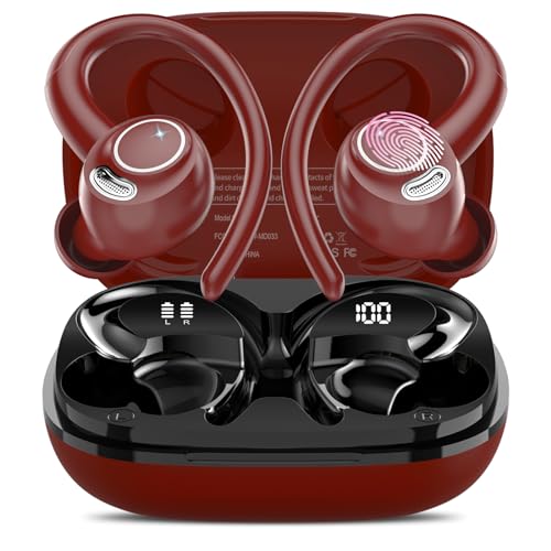 Bluetooth Kopfhörer Sport, in Ear Kopfhörer Kabellos Bluetooth 5.3 mit HD Mic, Herausragender Sound, 40 Std Spielzeit, Dual LED-Anzeige, IP7 Wasserdicht Ohrhörer mit Ohrhaken, Klassisches Rot von Jesebang