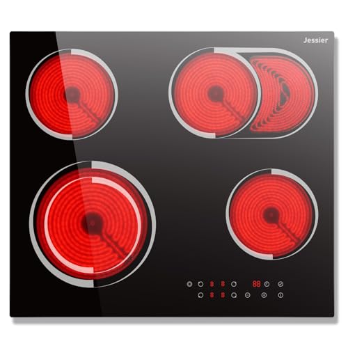 Glaskeramikkochfeld 4 Platten Einbau 6700W, Jessier Herdplatte 4 Kochfelder mit Doppelring Ovaler Grillfläche, Kochfeld Autark 60 cm, 9 Leistungsstufen, Pausenfunktion, Timer, Anti-Touch-Funktion von Jessier