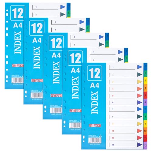 Trennblätter für Ordner A4, 12 Teiliges Register für Ordner Bunt Ringbuchregister Nummeriert 1-12 Mehrzweck-Indexteiler Breit PVC Trenn-Blätter für Organisation im Büro von Jesustree