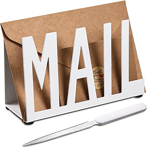 Mail Halter Metall Brief Sortierer Tabletop Mail Ausgeschnitten Organizer Mail Brief Dokumenten Ständer mit Brief Öffner für Desktop Haus Büro Schule (Weiß Reguläres Skript) von Jetec