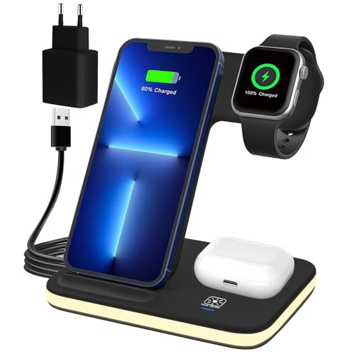 Induktive Ladestation für Apple Watch und iPhone, 3 in 1 Handy Ladestation für iPhone 16/15/14/13/12/11/Pro/Max/X/8/Plus, Wireless Charger für Apple Watch 10/9/Ultra/8/7/6/SE/5/4/3/AirPods Pro 4 3 2 von Jewan