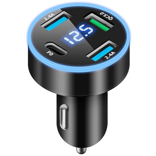 4-Port USB Zigarettenanzünder Adapter, 50W Auto Ladegerät Zigarettenanzünder QC3.0 USB Schnellladegerät PD20W 12V USB C Autoladegerät Zigarettenanzünder mit LED Voltmeter für iPhone, Android, Samsung von Jewan