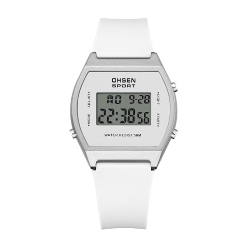 JewelryWe Digitaluhr Herren Gummi Tonneau: 12/24H 30M wasserdichte Elektronische Digital Armbanduhr Weiß Kautschuk Band Multifunktional Sport Uhr mit Kalender Wecker Stoppuhr LED-Beleuchtung von JewelryWe