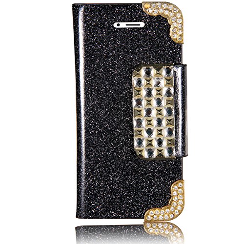 JewelryWe Elegant Luxus Glänzend Strass Bling PU Leder Handy Tasche Karten Pack Schutzhülle Hülle Etui Flip Case Cover Schale für Apple iPhone 5/5S Schwarz von JewelryWe
