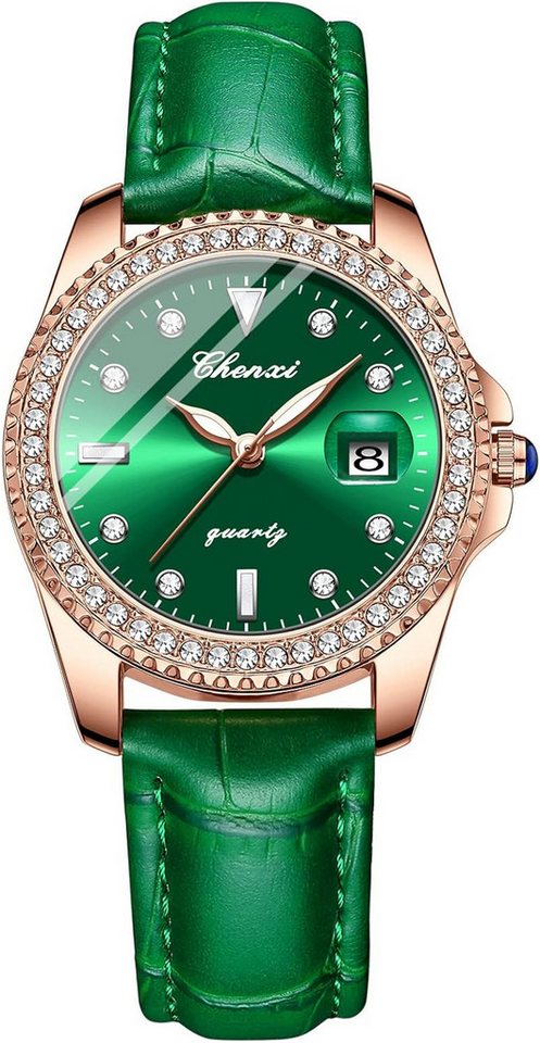 JewelryWe Fur Damen Geschäfts Beiläufige mit Echtleder Watch, mit Analog Quarz Klassisch Elegant Strass 30m Wasserdicht von JewelryWe