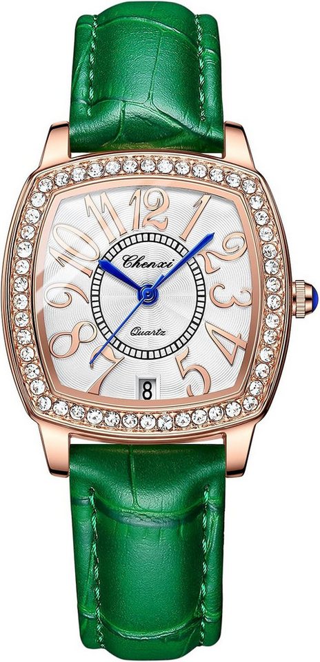 JewelryWe Fur Damen Geschäfts Beiläufige mit Echtleder Watch, mit Analog Quarz Klassisch Elegant Strass 30m Wasserdicht von JewelryWe