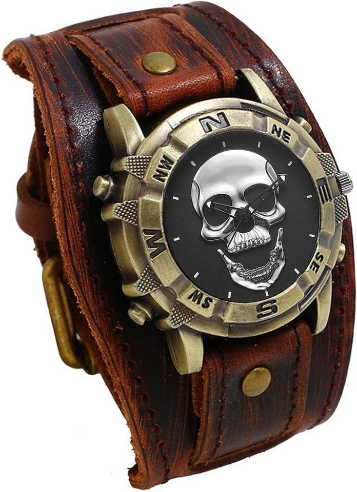 JewelryWe Fur Herren Watch, Totenkopf Armbanduhr Punk Stil Echtleder Quarz Geschenkidee von JewelryWe