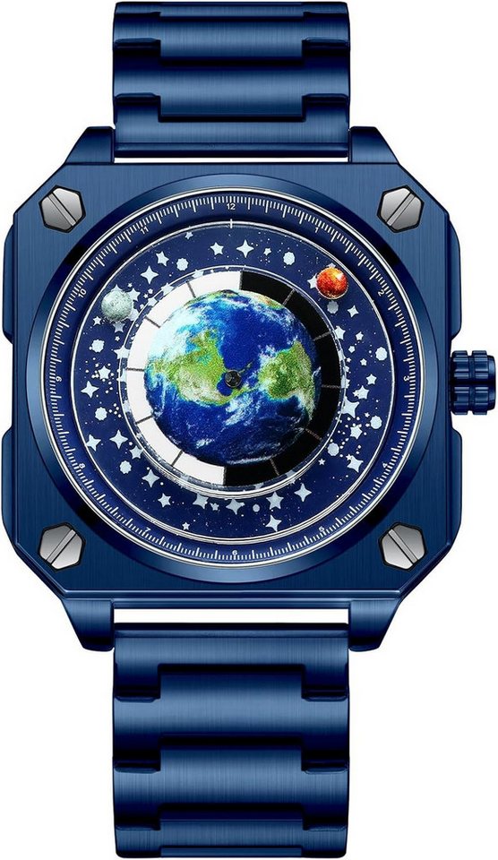 JewelryWe Fur Herren Watch, mit Mond Venus Erde Sternenhimmel Rundem Zifferblatt und Rechteckigem von JewelryWe