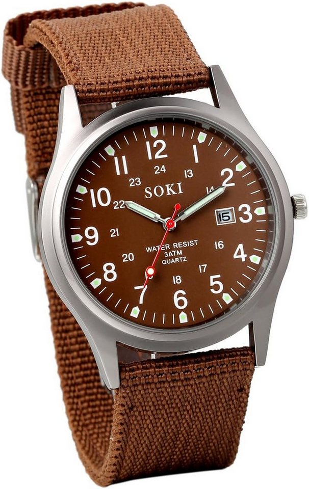 JewelryWe Fur Herren mit Kalender LED Licht Canvas Stoff Band Quarz Analog Watch, Elegante mit Leuchtzeigern und braunem Nylonband JewelryWe Fur Herren mit Kalender LED Licht Canvas Stoff Band Quarz Analog Watch, Elegante mit Leuchtzeigern und braunem Nylonband von JewelryWe
