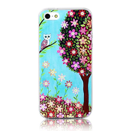 JewelryWe Nette Eule FRÜHLINGSBAUM Bunte Blumen TPU Silikon Handy Case Schutzhülle Tasche Hülle Rückenschutzhülle für Apple iPhone 5/5S Mehrfarbig von JewelryWe