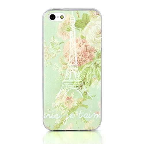 JewelryWe "Paris je T'Aime Eiffelturm Daisy Gänseblümchen TPU Silikon Handy Case Schutzhülle Tasche Hülle Rückenschutzhülle für Apple iPhone 5/5S Hellgrün von JewelryWe