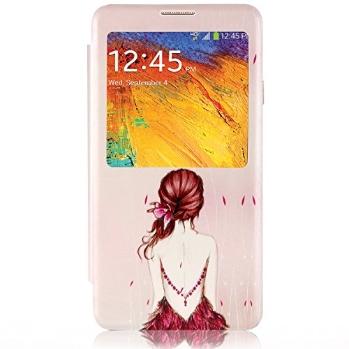 JewelryWe Sexy gemalte Mädchen Rückseite Leder Handy Case mit Fenster Schutzhülle Tasche Hülle Etui Flip Cover für Samsung Galaxy Note 3, Farbe Blassrosa Rot von JewelryWe