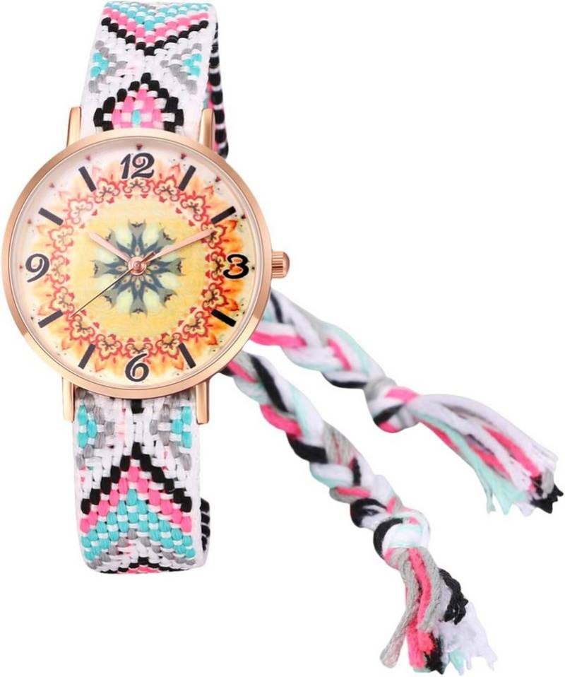 JewelryWe mit Hochwertiges Quarzwerk,Bohemian Stil,Rundem Blumendruck Zifferblat Watch, Damenuhr Boho Blumen Uhr Bohemian Stil Bunt Verstellbar von JewelryWe