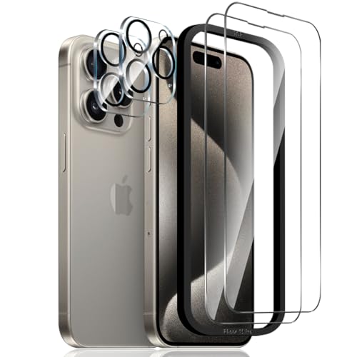 Jewloofa Schutzfolie für iPhone 15 Pro Panzer Schutz Glas [2 Stück] und iPhone 15 Pro Kameraschutz [2 Stück], 9H/HD Displayschutz/Bläschenfrei/Anti- Kratzer, Panzerfolie für iPhone 15 Pro von Jewloofa