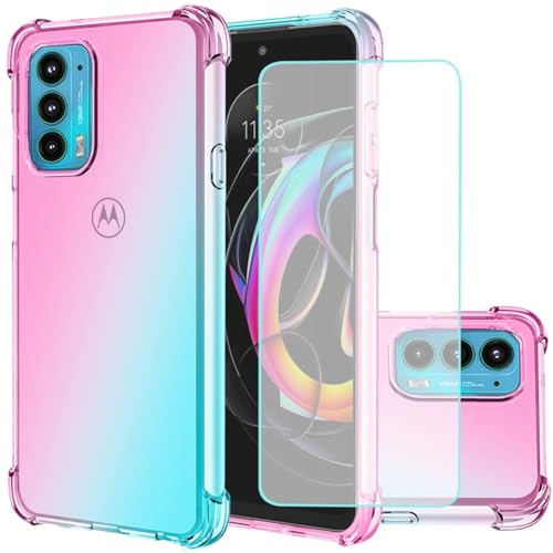Jhxtech für Moto Edge 20 Pro Hülle, Motorola Edge 20 Pro Hülle mit gehärtetem Glas Displayschutz Transparente Verlauf Handyhülle TPU Hülle stoßfeste Schutzhülle für Motorola Moto Edge 20 Pro rosa/grün von Jhxtech