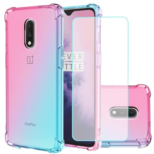 Jhxtech Schutzhülle für OnePlus 6T / OnePlus 7 mit Displayschutzfolie aus gehärtetem Glas, klare Farbverlaufshülle, schmale, TPU-Abdeckung, Schutzhülle für OnePlus 6T (Rosa/Grün) von Jhxtech