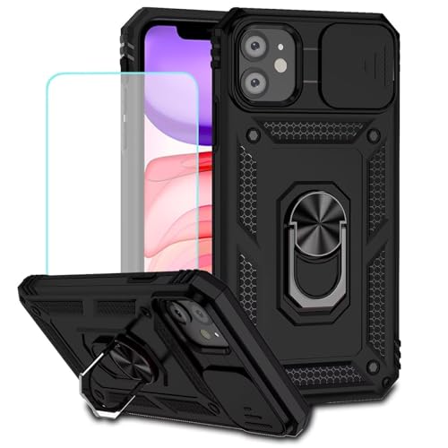 Jhxtech Schutzhülle für iPhone 11 Hülle 6.1" Hülle mit gehärtetem Glas Displayschutzfolie und Schieber für die Kamera, Magnetischer Ring Autohalterung Handyhülle für Apple iPhone 11 Schwarz von Jhxtech