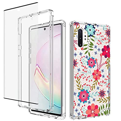 Jhxtech für Galaxy Note 10+ 5G/Note 10 Plus SM-N975F Hülle with Tempered-Glass Screen Protector, Clear Floral Pattern Full Body Protective Cover Hülles für Samsung Galaxy Note 10 Plus (Blumendruck) von Jhxtech