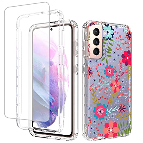 Jhxtech für Galaxy S21 5G Hülle, Samsung S21 SM-G991B Hülle mit gehärtetem Glas Displayschutz, niedliches klares Blumenmuster Ganzkörper-Schutzhüllen für Samsung Galaxy S21 5G (Blumendruck) von Jhxtech