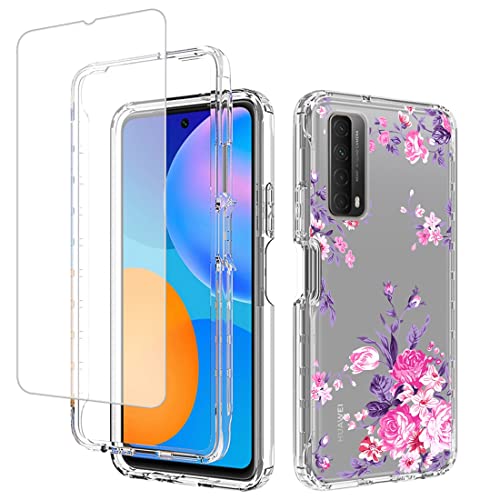 Jhxtech für P Smart 2021/Huawei Y7A/Enjoy 20 SE Hülle, PPA-LX2 Hülle with Tempered-Glass Screen Protector, Cute Clear Floral Pattern Full Body Protective Cover Hülle für Huawei P Smart 2021 Rosenblume von Jhxtech