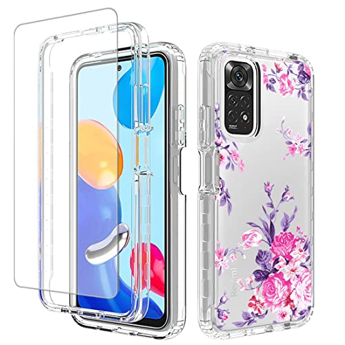 Jhxtech für Redmi Note 11 (4G)/Redmi Note 11S 2201117TY Hülle mit gehärtetem Glas Displayschutz, niedliches klares Blumenmuster Ganzkörper-Schutzhüllen für Xiaomi Redmi Note 11 (Rosenblume) von Jhxtech