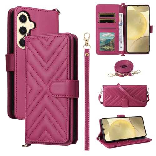 Flip Cover Kompatibel mit Samsung Galaxy S21 Handgelenkriemen Lanyard【PU Leder+Shell】 Dual Wallet [6 Kartenfächer] Kickstand Rosered von Jiajihua
