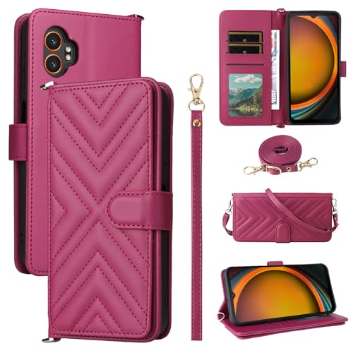 Flip Cover Kompatibel mit Samsung Galaxy XCover7 Pro Handgelenkriemen Lanyard【PU Leder+Shell】 Dual Wallet [6 Kartenfächer] Kickstand Rosered von Jiajihua