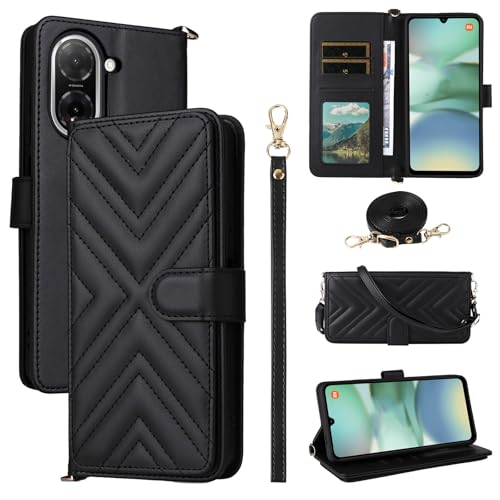 Jiajihua Flip Cover Kompatibel mit Honor X50i,Kompatibel mit Honor 90 Lite Handgelenkriemen Lanyard【PU Leder+Shell】 Dual Wallet [6 Kartenfächer] Kickstand Black von Jiajihua