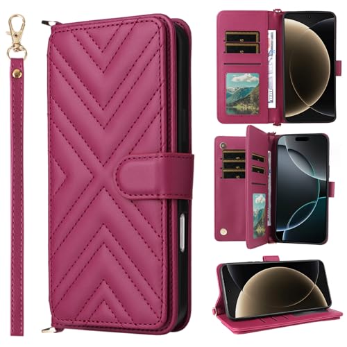 Jiajihua Flip Cover Kompatibel mit ZTE Blade V41 Smart/Blade A72s Handgelenkriemen Lanyard【PU Leder+Shell】 Dual Wallet [6 Kartenfächer] Kickstand Rosered von Jiajihua