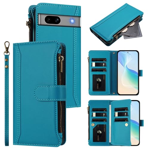 Jiajihua Hülle Kompatibel mit Google Pixel 7a 5G,Kompatibel mit Google Pixel 7a 5G Lanyard【9 Kartenfächer】【Reißverschluss Brieftasche】【Magnetischer Verschluss】 Ständer Lakeblue von Jiajihua