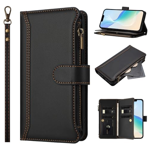 Jiajihua Hülle Kompatibel mit Honor Power 5G DVD-AN00 Lanyard【9 Kartenfächer】【Reißverschluss Brieftasche】【Magnetischer Verschluss】 Ständer Black von Jiajihua