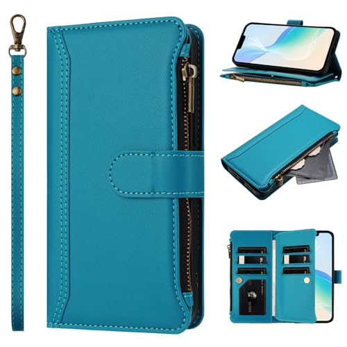 Jiajihua Hülle Kompatibel mit Honor Power 5G DVD-AN00 Lanyard【9 Kartenfächer】【Reißverschluss Brieftasche】【Magnetischer Verschluss】 Ständer Lakeblue von Jiajihua
