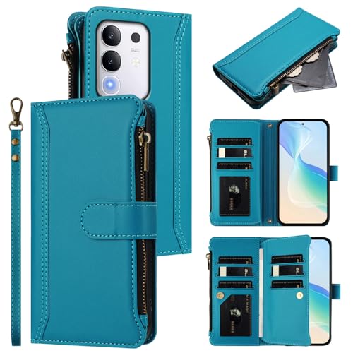 Jiajihua Hülle Kompatibel mit Vivo Y29 4G,Kompatibel mit Vivo Y29 4G (Not 5G) Lanyard【9 Kartenfächer】【Reißverschluss Brieftasche】【Magnetischer Verschluss】 Ständer Lakeblue von Jiajihua