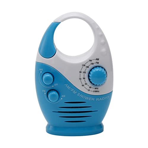 Jiakalamo Duschradio, spritzwassergeschützt, Typ AM FM Badezimmerradio, eingebauter Lautsprecher und einstellbare Lautstärke, tragbar, wasserdicht, hängend, mit Griff oben (weiß und blau) von Jiakalamo