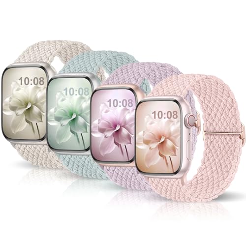 Jiamus 4 Stück Geflochtenes Armband Kompatibel mit Apple Watch Armband 40mm 41mm 38mm 45mm 44mm 49mm 42mm Herren Damen,Elastisch Solo Loop apfelband für iWatch Series 9 8 7 6 5 4 3 2 SE Ultra 2/1,03A von Jiamus