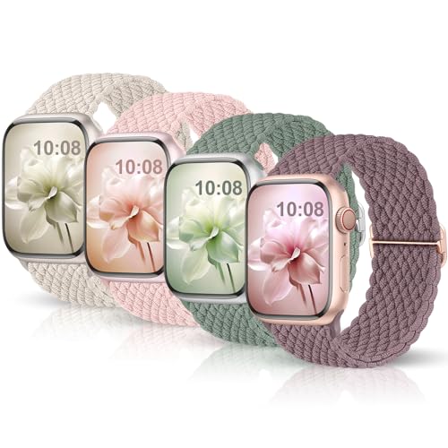 Jiamus 4 Stück Geflochtenes Armband Kompatibel mit Apple Watch Armband 40mm 41mm 38mm 45mm 44mm 49mm 42mm Herren Damen,Elastisch Solo Loop apfelband für iWatch Series 9 8 7 6 5 4 3 2 SE Ultra 2/1,04A von Jiamus