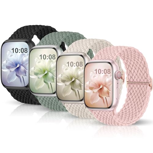 Jiamus 4 Stück Geflochtenes Armband Kompatibel mit Apple Watch Armband 40mm 41mm 38mm 45mm 44mm 49mm 42mm Herren Damen,Elastisch Solo Loop apfelband für iWatch Series 9 8 7 6 5 4 3 2 SE Ultra 2/1,02B von Jiamus