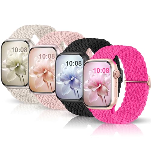 Jiamus 4 Stück Geflochtenes Armband Kompatibel mit Apple Watch Armband 40mm 41mm 38mm 45mm 44mm 49mm 42mm Herren Damen,Elastisch Solo Loop apfelband für iWatch Series 9 8 7 6 5 4 3 2 SE Ultra 2/1,08B von Jiamus