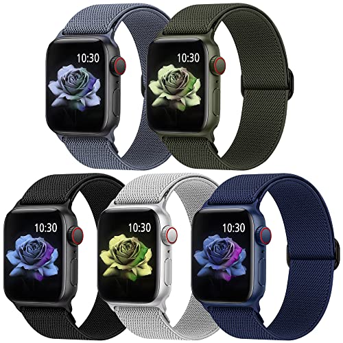 Jiamus 5 Stück Nylon Elastisches Solo Loop Armband Kompatibel mit Apple Watch Armband 38mm 40mm 41mm 42mm 44mm 45mm,Dehnbare Verstellbares Ersatzarmband für Iwatch Series 7/SE/6/5/4/3/2/1Damen Herren von Jiamus