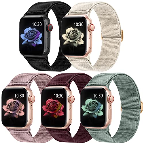 Jiamus 5 Stück Nylon Elastisches Solo Loop Armband Kompatibel mit Apple Watch Armband 38mm 40mm 41mm 42mm 44mm 45mm 49mm,Dehnbare Ersatzarmband für Iwatch Series 8/7/SE/6/5/4/3/2/1 Ultra Damen Herren von Jiamus